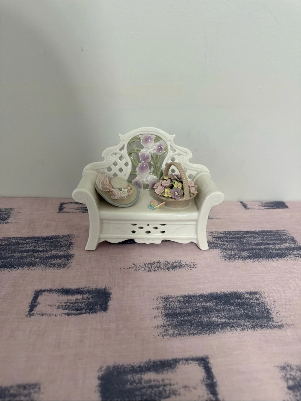 Vintage Style Porcelain Garden Bench Figurine with Flowers, Hat & Basket